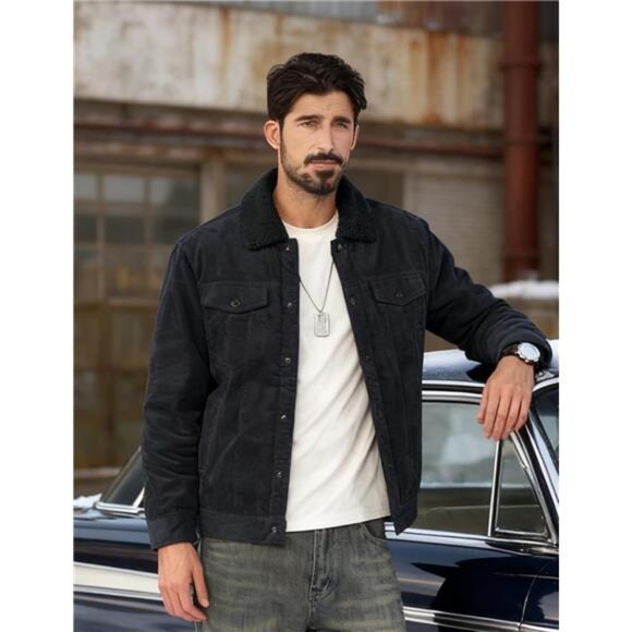 Men's Corduroy Jacket Fleece Sherpa Lined Winter Coats Warm Cotton - Picture 3 of 7
